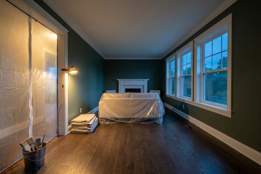 The room at dusk, drop cloths folded, floor swept and one work light on
