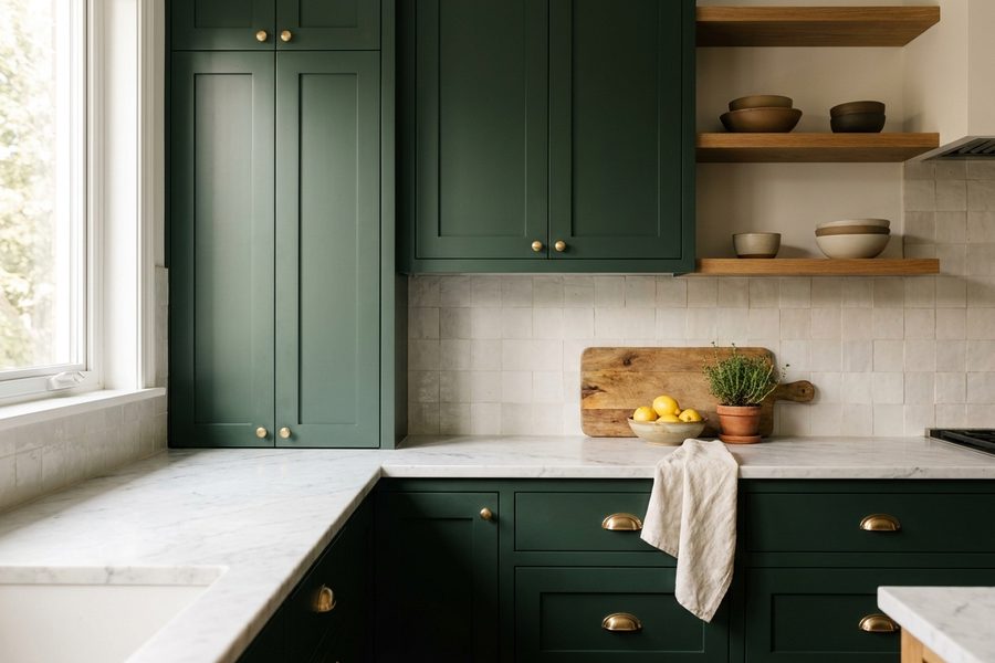 Kitchen cabinets refinished in deep forest green with brass hardware