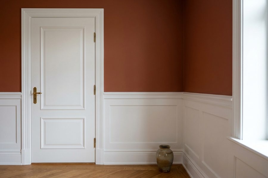 White wainscot panelling and a painted door against a warm clay wall